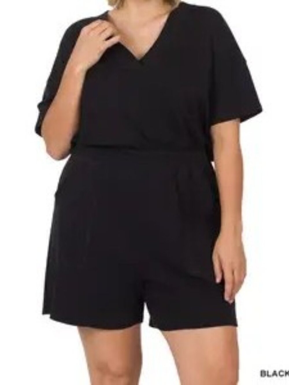 V Neck Romper With Pockets - Black